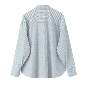 Back view of a casual blue and white striped poplin shirt with relaxed fit for women