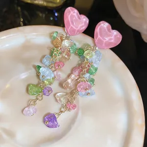 Boucles d'oreilles franges cœur en cristal avec perles de pierres colorées