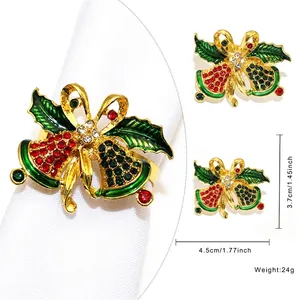 Christmas bell napkin ring with gold alloy base and red green enamel rhinestone bow