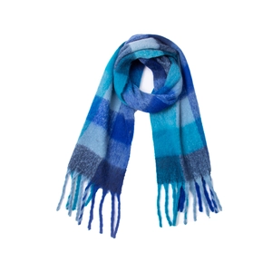 Cozy blue checkered plaid scarf with thick fringe tassels made of soft bouclé yarn
