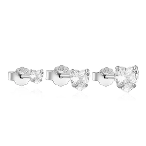 Three sizes of 925 sterling silver heart-shaped stud earrings with clear zircon stones