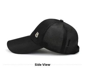 Detailed side view of black mesh baseball cap with breathable honeycomb fabric and sport badge