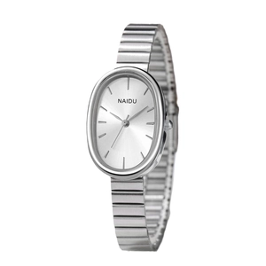Elegant women's silver oval quartz watch with stylish elastic metal bracelet band