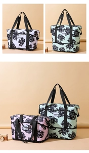 Detail showing elephant print gym bags in multiple colors with reinforced carry handles