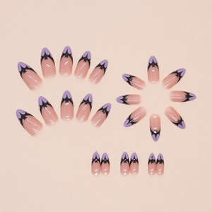 24pcs Halloween purple French press on nails with black bat designs on nude pink base