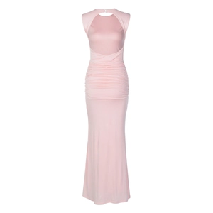 Detail of the pink sleeveless maxi dress featuring elegant waist ruching and cut-out design