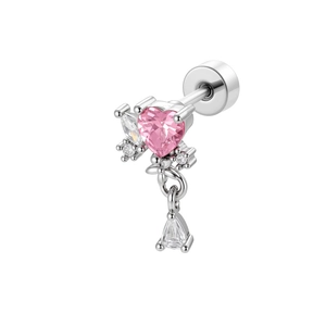 Exquisite silver heart zircon earring with pink stone and teardrop crystal pendant