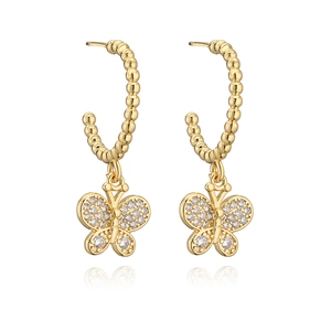 Gold-plated copper butterfly earrings with C-shaped hoops and sparkling zircons