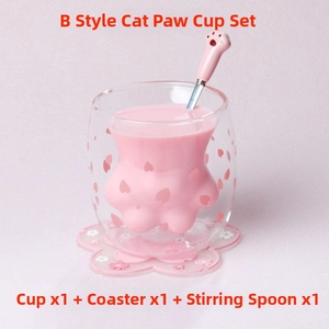 Detailed set of double-walled cat paw glass cup with sakura coaster and mixing spoon