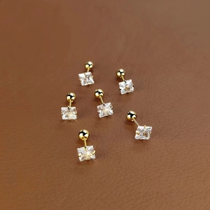 Golden stainless steel stud earrings with square 3A zircon and screw back on leather