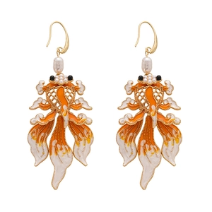Elegant New Chinese koi drop earrings with orange enamel and pearls on gold finish hooks