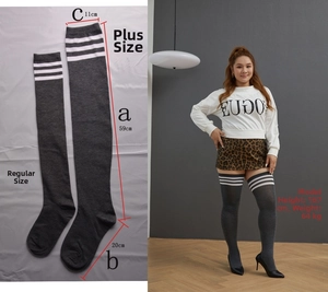 Detail view of plus size over-knee socks in dark grey with three white stripes design