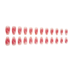 Set of 24 gradient pink long coffin press-on nails with a high-gloss polished finish