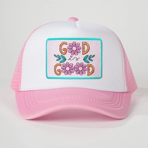 Pink and white trucker hat featuring God is Good floral embroidery and mesh back