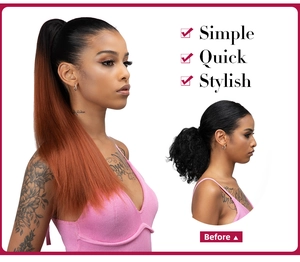 Before and after comparison of long straight ponytail extension for quick hair styling