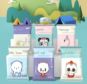 Six portable packs of 10-piece baby wet wipes with colorful 3D cartoon animal designs