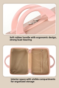 Pink 14-inch mini suitcase details showing ergonomic soft handle and mesh interior divider