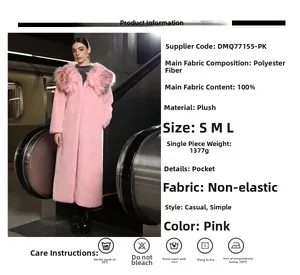 Tabella dettagliata con dati tessuto, taglie e peso 1377g per cappotto in ecopelliccia