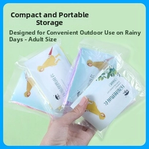 Close-up of portable disposable raincoats in assorted colors and compact packaging
