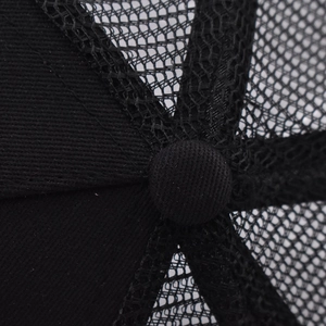 Close-up of the black mesh baseball cap top button and honeycomb fabric stitching