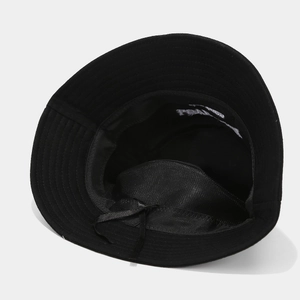 Black cotton bucket hat with LOVE STORY embroidery and adjustable chin strap detail