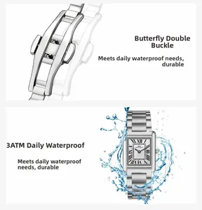 Detail of square silver watch with butterfly clasp and 3ATM water resistance effect