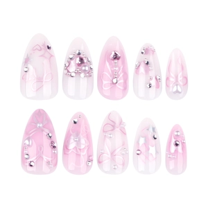 Pink gradient almond press-on nails with 3D bows, pearls and sparkling rhinestones