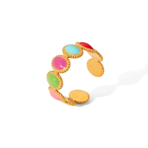 Detail of gold-plated open ring featuring multi-colored enamel oval accents and millgrain edge