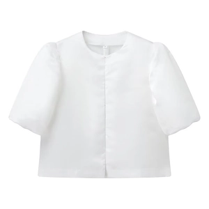Elegant white satin blouse with classic round neck and stylish short puff sleeves