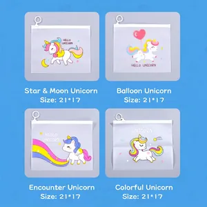 Set of four cute unicorn frosted transparent zipper bags measuring 21x17cm for students