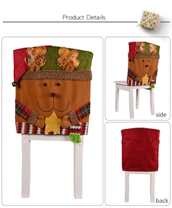Three-view detail of reindeer Christmas chair cover showing front, side, and back design