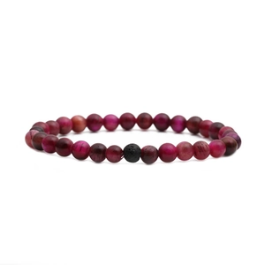 Lava stone and magenta tiger eye beaded bracelet featuring 8mm natural stone spheres