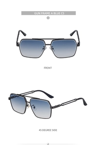 Detail view of gunmetal square frame sunglasses with blue gradient lenses and double bridge