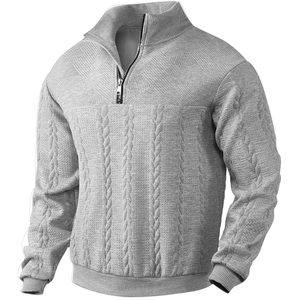 Men's grey vintage half-zip knit sweater with cable and diamond stitch patterns