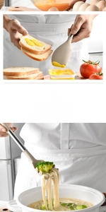 Silicone spatula and pasta server with stainless steel handles in kitchen settings