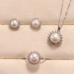 Freshwater Pearl Jewelry Set For Women Alloy Rhinestone Necklace Earrings Ring With Silver Earring Post Wedding Jewelry