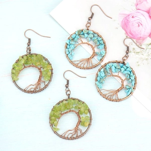 Handmade Tree of Life wire wrapped earrings with natural colorful crystal stone chips
