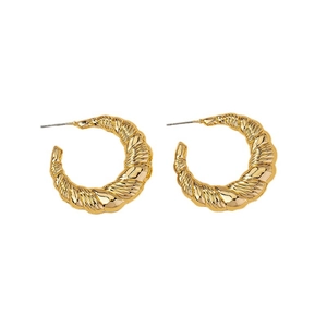 Elegant gold vintage twisted C-shape hoop earrings with spiral texture for women