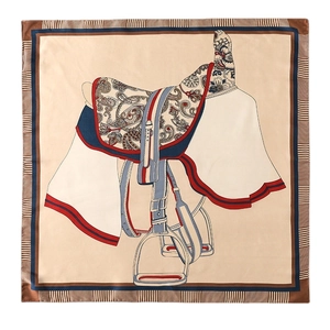 Silk square scarf with horse saddle and paisley pattern in beige and blue hues