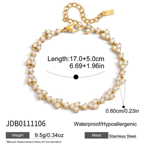 Gold stainless steel tennis bracelet with white zircon clusters and lobster clasp