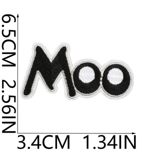 Detailed view of Moo embroidered patch with dimensions 6.5cm height and 3.4cm width