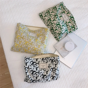 Floral cotton makeup bags in green and yellow with 'Time to Party' patch and zipper