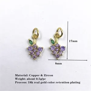 Grape pendant for jewelry making with purple zircon and gold plating, 17mm x 8mm size