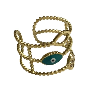 Gold multi-layer beaded ring featuring an evil eye charm and diamond-set rhombus accents