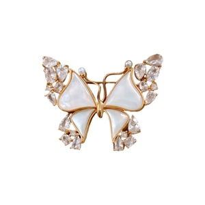 Elegant 18k gold plated butterfly brooch with natural mother of pearl wings and crystals