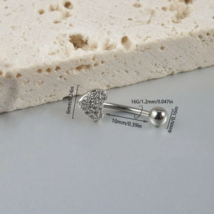 Detailed size chart for heart-shaped cubic zirconia belly ring with 10mm curved bar length