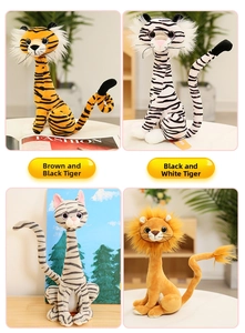 Detailed four-panel view of long-neck tiger, cat, and lion plush toys in home setting