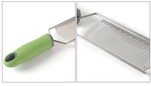 Macro detail of the green ergonomic handle and sharp stainless steel cheese grater blade