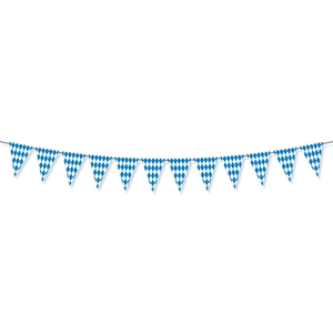 Close-up of blue and white Bavarian check bunting banner with 12 triangle flags for events