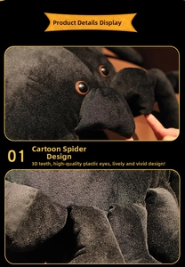 Detail of plush black spider toy featuring realistic 3D teeth and shiny plastic button eyes